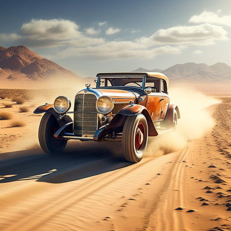 3d rendering of an old car in the desert at sunset.の素材