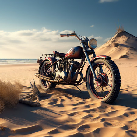 Motorcycle in the sand dunes. Retro style. 3d renderingの素材