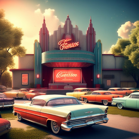 Old vintage american cars in front of the cinema. 3d renderingの素材