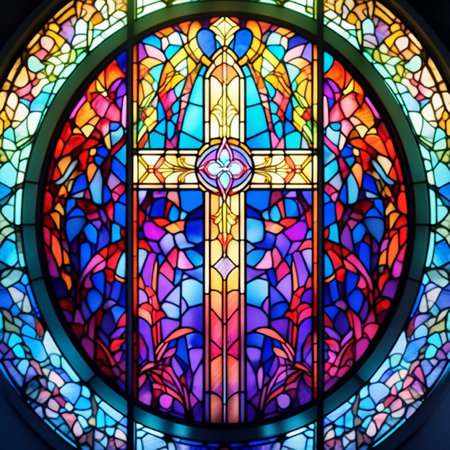 Stained glass window in church. Colorful stained glass window.の素材