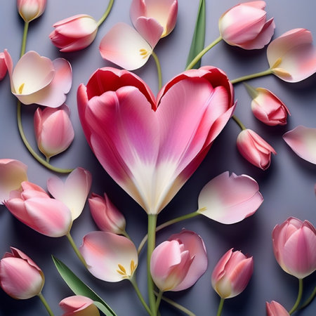 Pink tulips and white tulips on blue background. Flat lay, top viewの素材