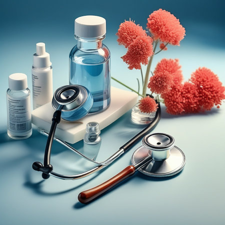 Stethoscope, bottles of medicine and stethoscope on blue backgroundの素材
