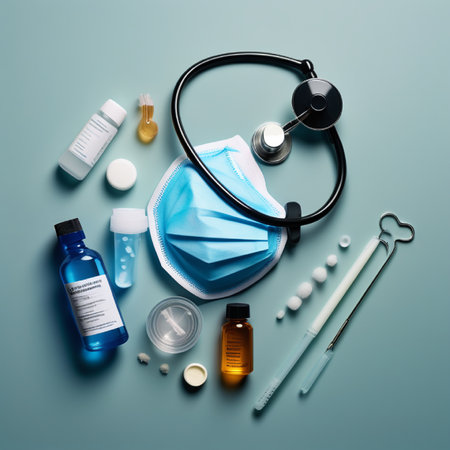 Medical equipment, stethoscope, mask and pills on blue backgroundの素材