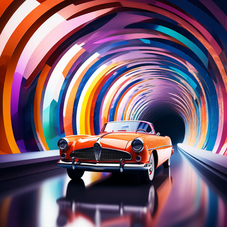 Retro car with colorful stripes in the tunnel. 3d renderingの素材