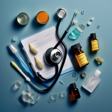 Top view of a stethoscope on a clipboard with various medical supplies on a blue backgroundの素材