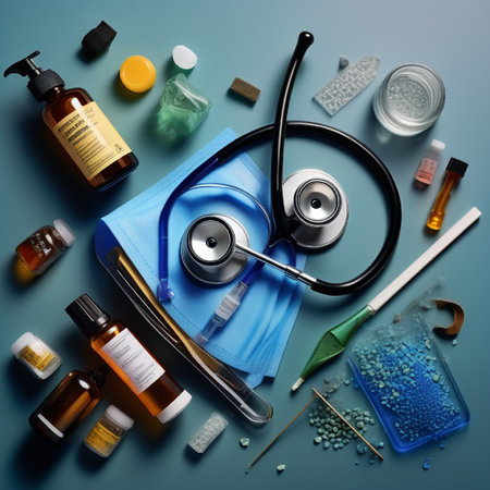 Medical stethoscope, pills and medicine bottles on blue background.の素材