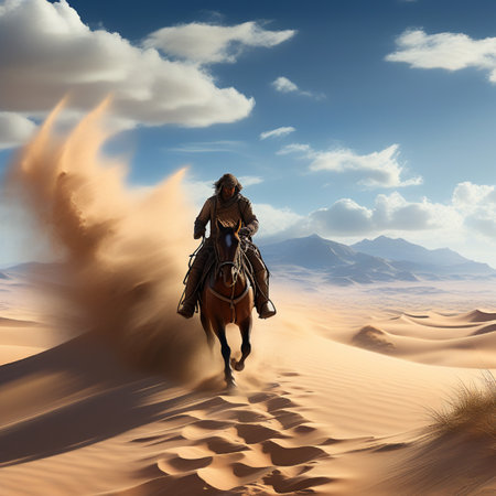 Cowboy riding on a horse in the desert. 3d renderingの素材