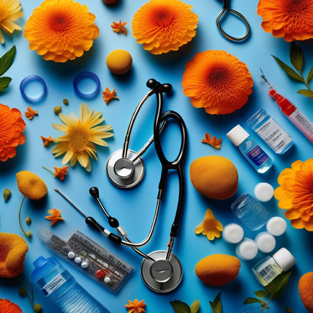 Flat lay composition with stethoscope, pills and flowers on blue backgroundの素材