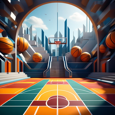 Basketball court with basketball balls in the city. Vector illustration.の素材