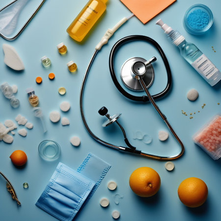 Healthcare and medical concept. Stethoscope, pills, orange, medical mask on blue background.の素材