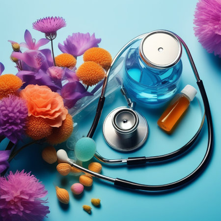 Stethoscope, bottle of pills and flowers on blue background.の素材