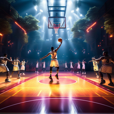 basketball game sport player in action isolated on black background with spotlightsの素材