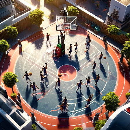 Basketball court with players in action. Aerial view. 3D rendering.の素材