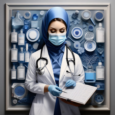 Female doctor with stethoscope and clipboard in front of medical backgroundの素材