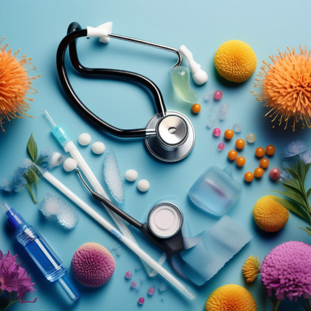 Medical stethoscope, syringe, tablets, pills and flowers on blue backgroundの素材