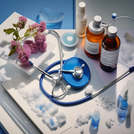 Stethoscope, pills and flowers on the table. 3d renderの素材
