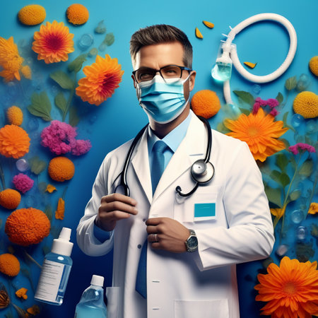 Handsome male doctor in medical uniform with stethoscope and mask.の素材