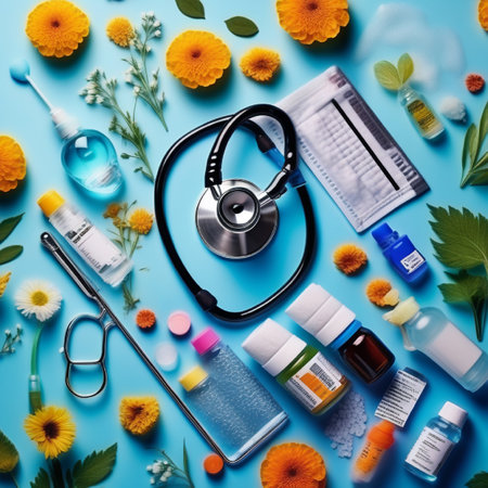 Flat lay composition with stethoscope, medical tools and flowers on blue backgroundの素材
