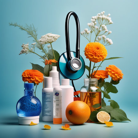 Healthy lifestyle concept. Stethoscope, bottles of pills, orange and flowers on blue backgroundの素材