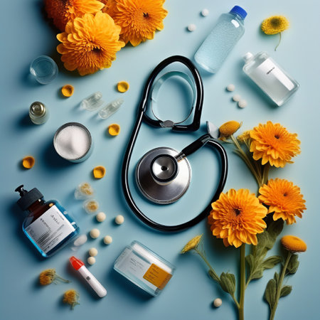 Flat lay composition with medical stethoscope, pills and flowers on blue backgroundの素材