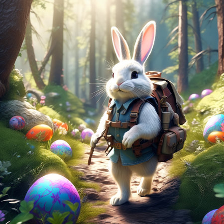 White rabbit with a backpack in the forest. 3d rendering.の素材