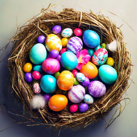 Colorful easter eggs in nest on gray background, top viewの素材