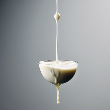 Pouring milk splash in a glass bowl, isolated on gray backgroundの素材