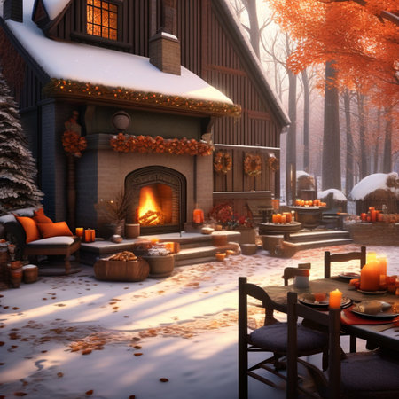 Christmas cottage with fireplace in the winter forest. 3d illustration.の素材