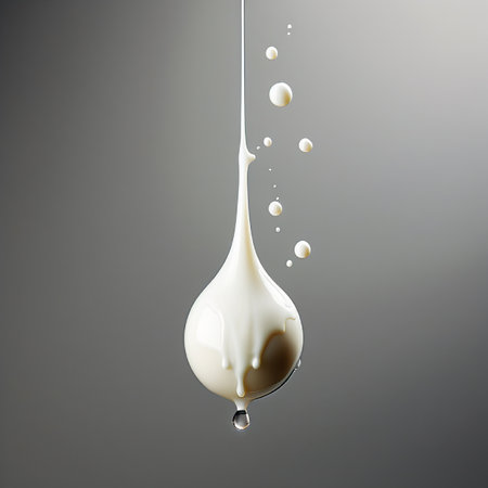 3d render of a drop of milk with droplets isolated on gray backgroundの素材