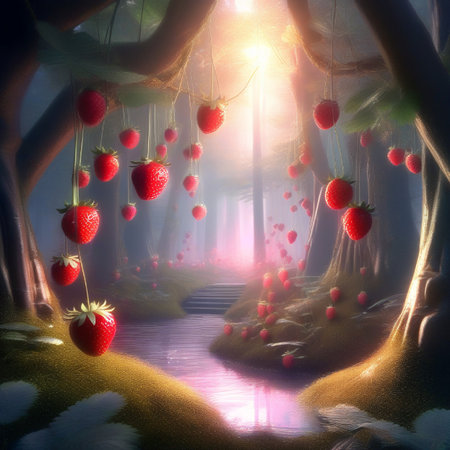 Strawberries in the forest. 3D rendering. Digital painting.の素材