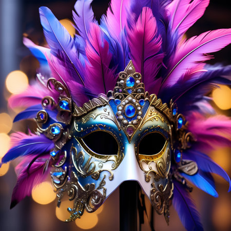Venetian carnival mask with feathers on bokeh backgroundの素材