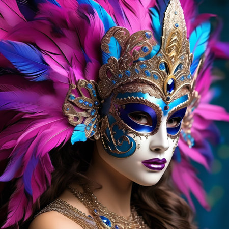 Beautiful woman with carnival venetian mask and feathers.の素材