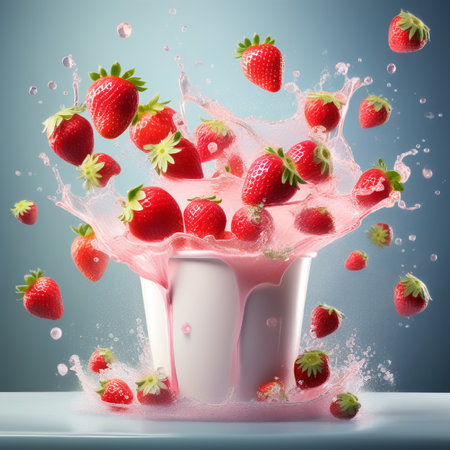 Strawberry with milk splash on blue background. 3d renderingの素材