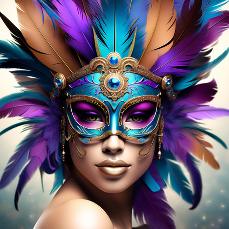 Beautiful woman in carnival mask with feathers. 3d renderingの素材