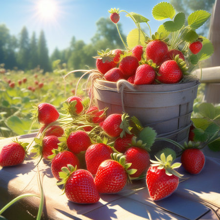 Strawberries in a basket on a table in the garden.の素材