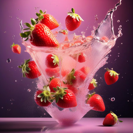 Strawberry in water splashes on a purple background. 3d renderingの素材