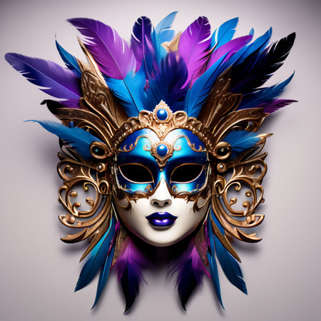 Carnival mask with feathers and golden crown. 3d renderingの素材
