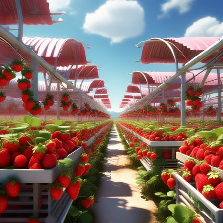 Rows of fresh strawberries in a greenhouse. 3d render.の素材
