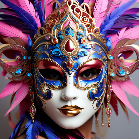 Beautiful woman with carnival mask and feathers. 3d renderingの素材