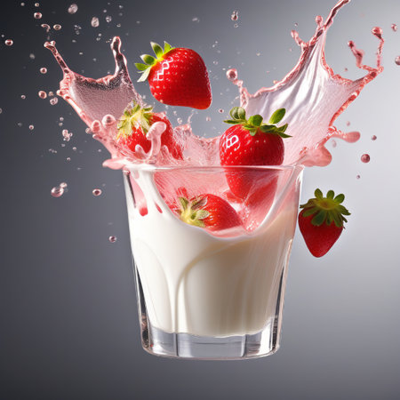 Strawberry in a glass of milk with splash on gray backgroundの素材