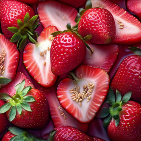 Strawberry background. Fresh strawberries with green leaves and seeds.の素材