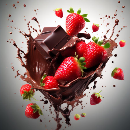 Chocolate with strawberries in splashes on a gray background. 3d renderingの素材