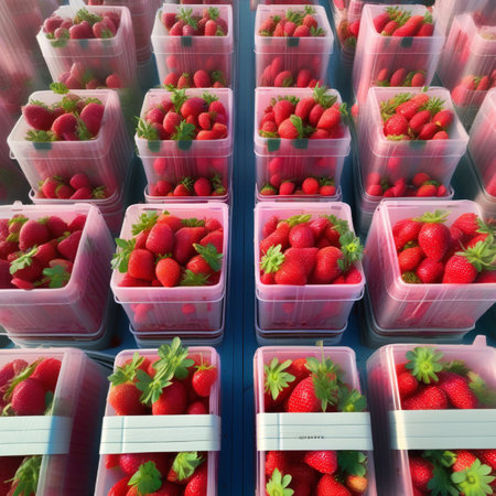 Strawberries in plastic boxes on a market stall, selective focusの素材