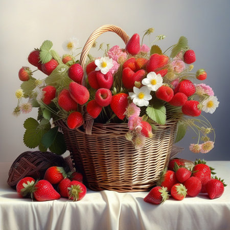 Strawberries in a basket on a white tablecloth and flowersの素材