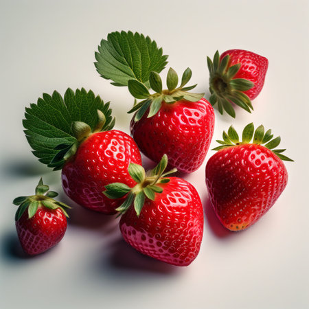 Strawberries with green leaves on a white background. Toned.の素材