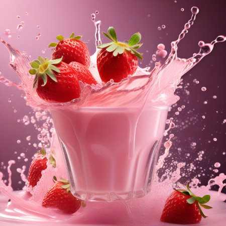 strawberry yogurt splashing in a glass on a pink backgroundの素材