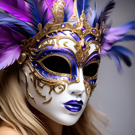 Beautiful young woman with carnival venetian mask over grey background.の素材