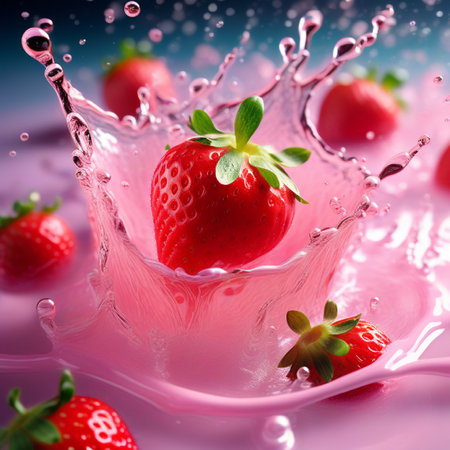 Strawberries in splashes of milk with drops, close upの素材
