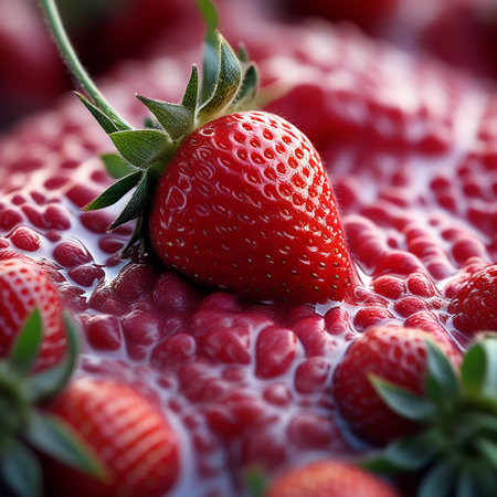 Strawberry in a bowl of milk. Selective focus.の素材