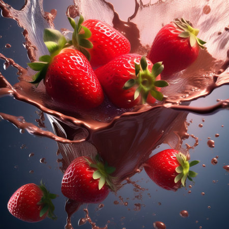 strawberries in a chocolate splash on a dark blue background.の素材